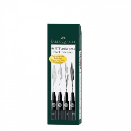 4-Pieces Pitt Artist India Ink Pen, XS, S, F, M, Brush Tip, Black